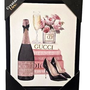 Crystal Luxe Champagne Campaign Fashion Bookstack/Heels Framed Canvas Wall Decor